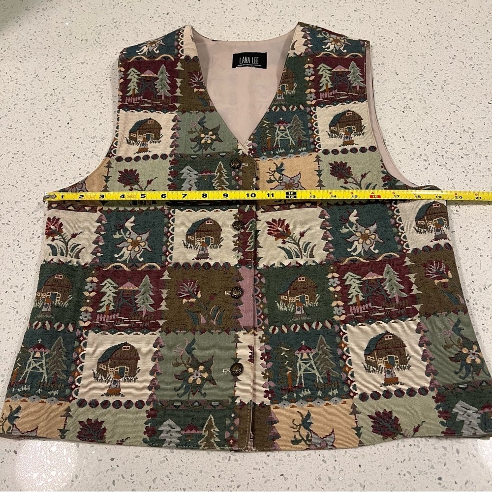 LANA LEE Tapestry Patchwork Lined Vest with Christmas Patterns Brass Buttons - Picture 7 of 13
